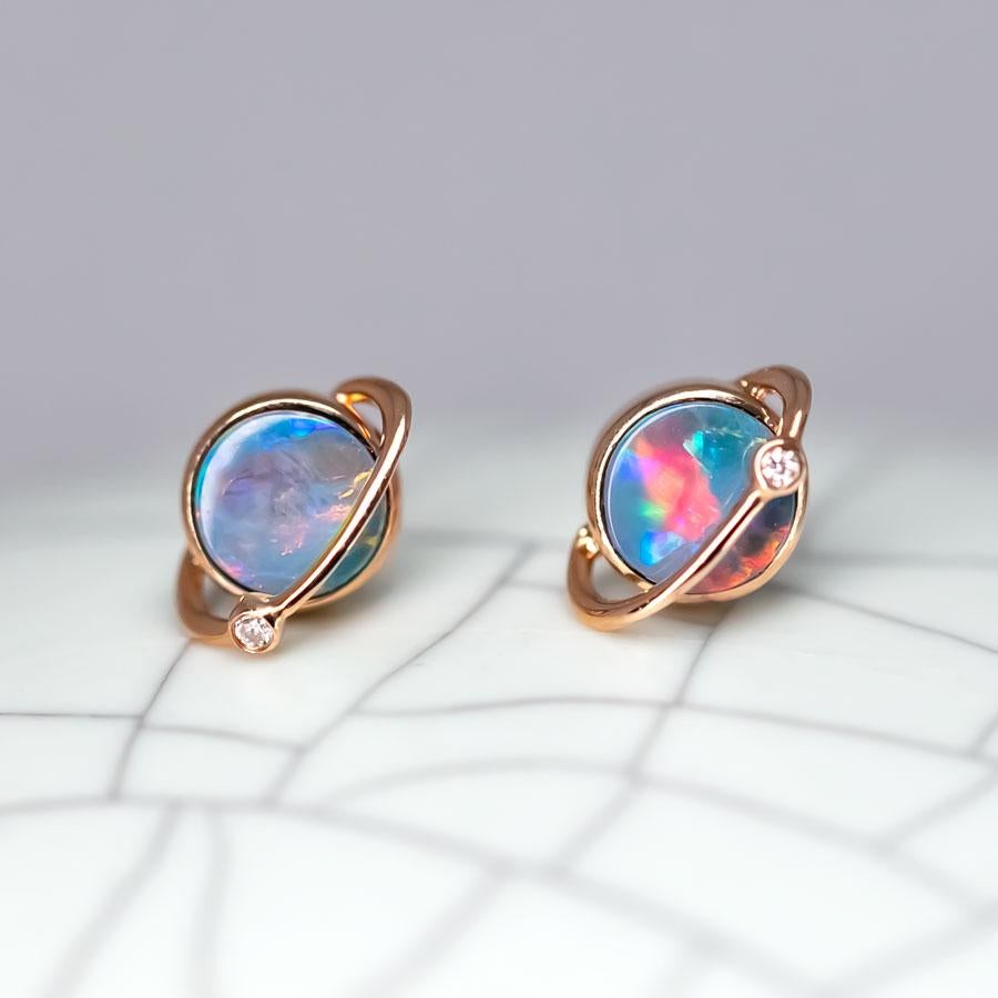 Brilliant Cut Saturn Design Doublet Opal Stud Earrings 18K Rose Gold For Sale