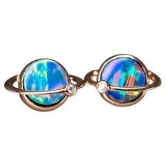 Saturn Design Doublet Opal Stud Earrings 18K Rose Gold