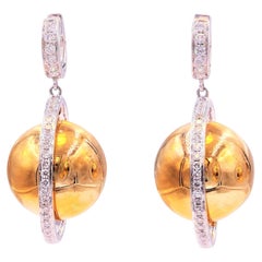 Saturn Golden Globe Circle Sphere Diamond Channel 18k Gold Huggie Drop Earrings