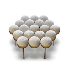 Saturn Pouffe Large, Ottoman, Modern, Sculptural, Brass Frame and Cream Boucle
