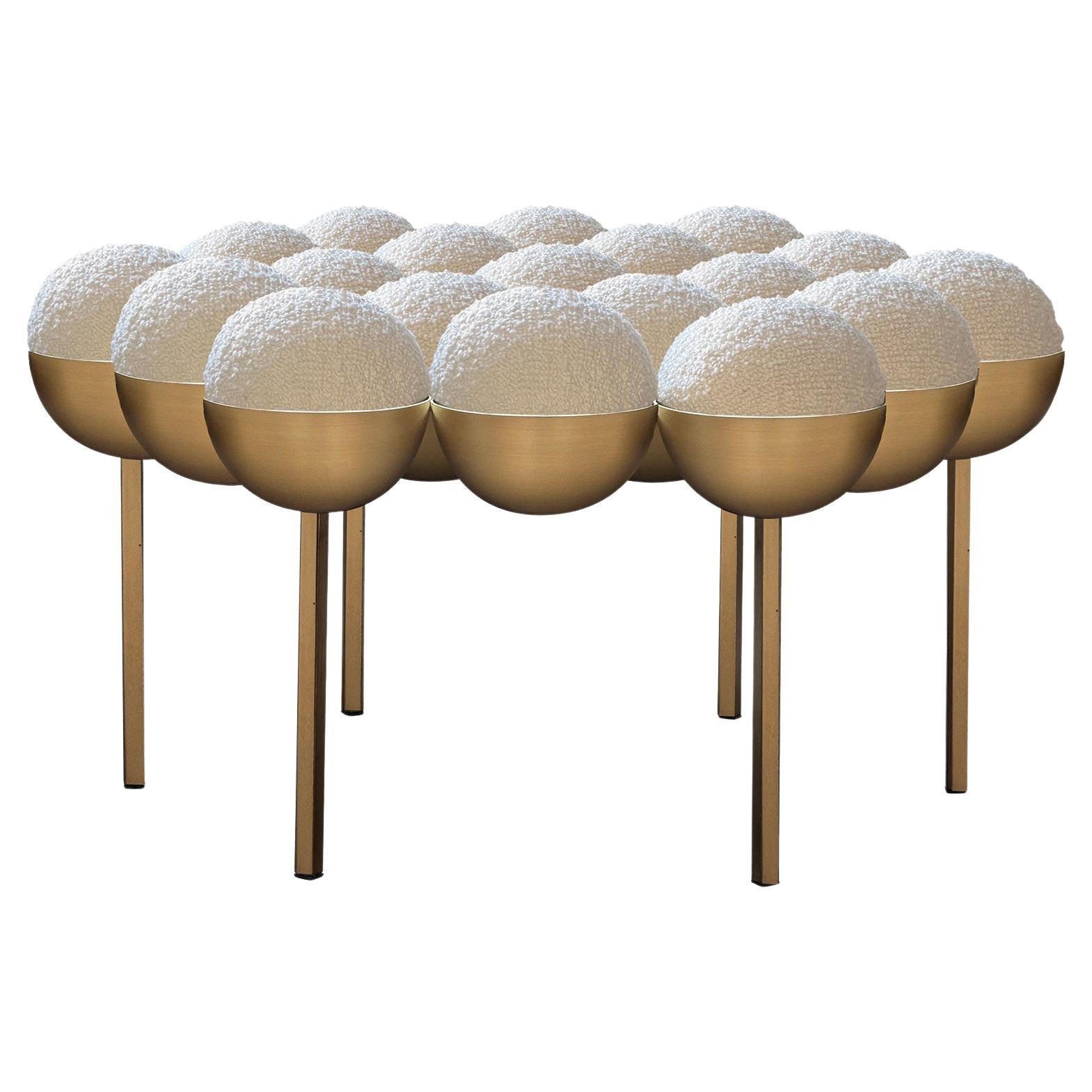 Saturn Pouffe Large, Ottoman, Modern, Sculptural, Brass Frame and Cream Boucle