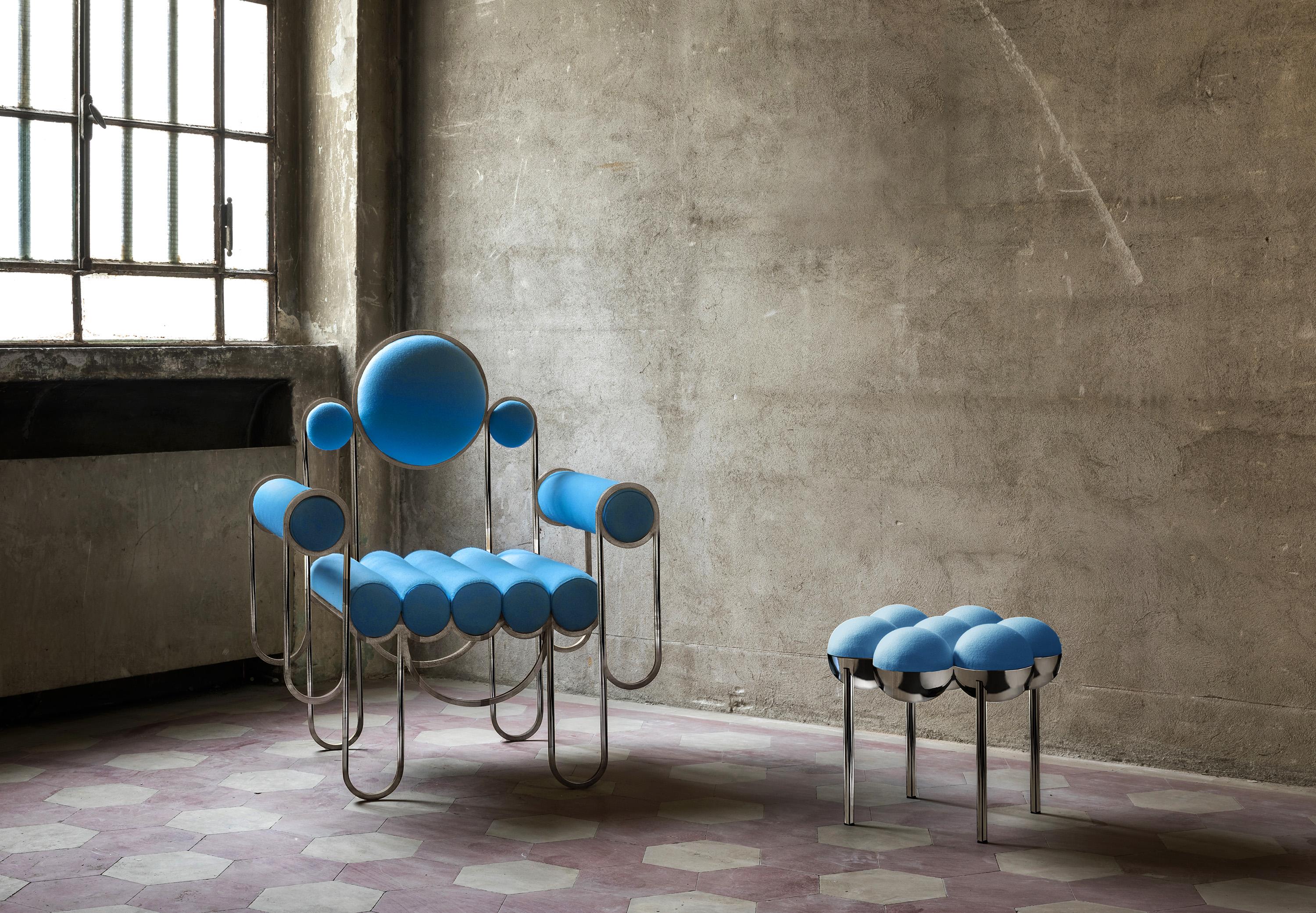 Metalwork Saturn Pouffe Large, Ottoman, Modern, Sculptural, Chrome Frame and Cream Boucle For Sale