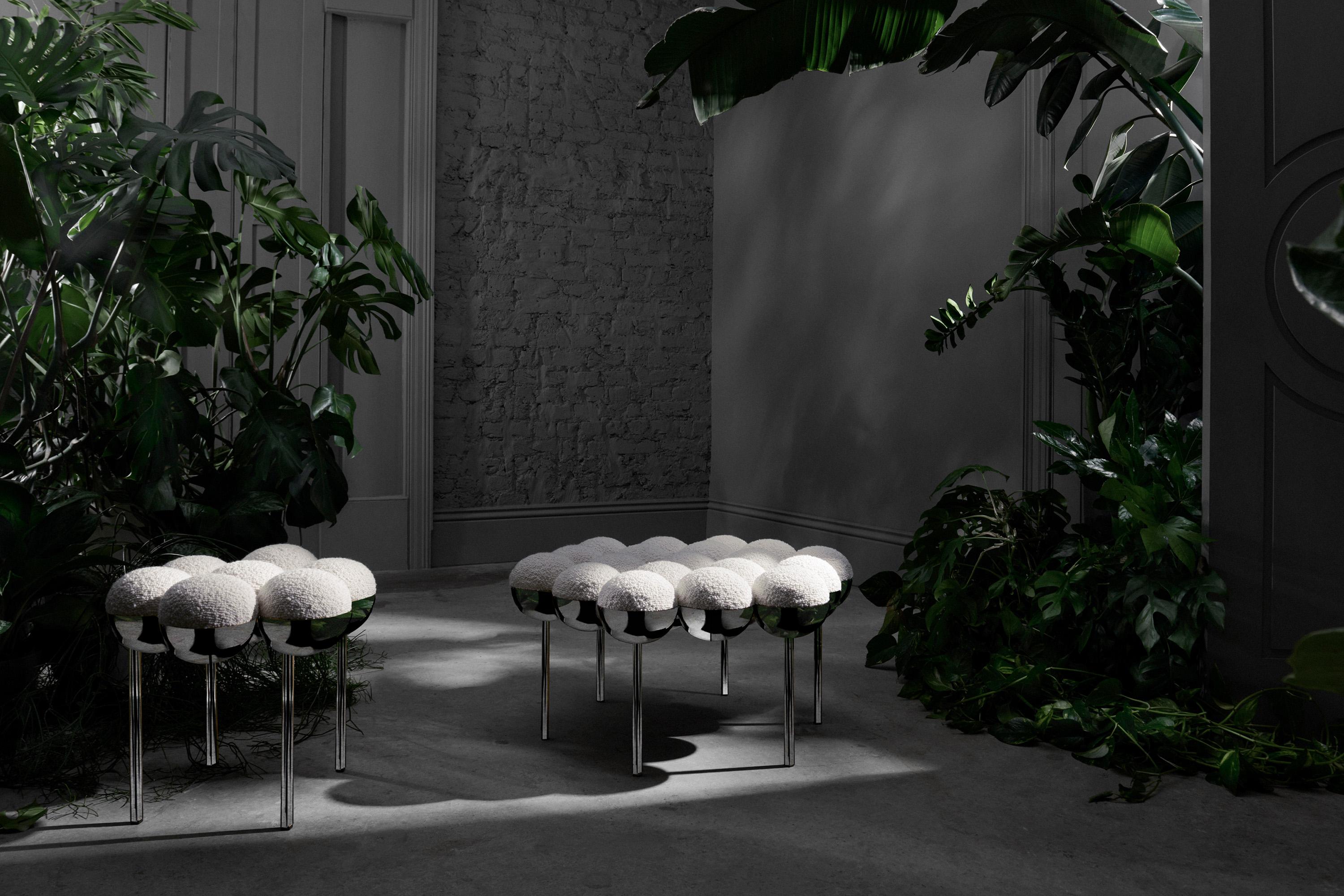 Saturn Pouffe Large, Ottoman, Modern, Sculptural, Chrome Frame and Cream Boucle In New Condition For Sale In Holland, AMSTERDAM