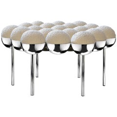 Saturn Pouffe Large, Ottoman, Modern, Sculptural, Chrome Frame and Cream Boucle