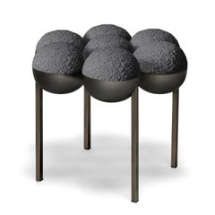 Saturn Pouffe Small, Modern, Sculptural, Bronze Frame and Grey Boucle