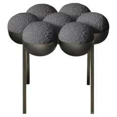 Saturn Pouffe Small, Modern, Sculptural, Bronze Frame and Grey Boucle