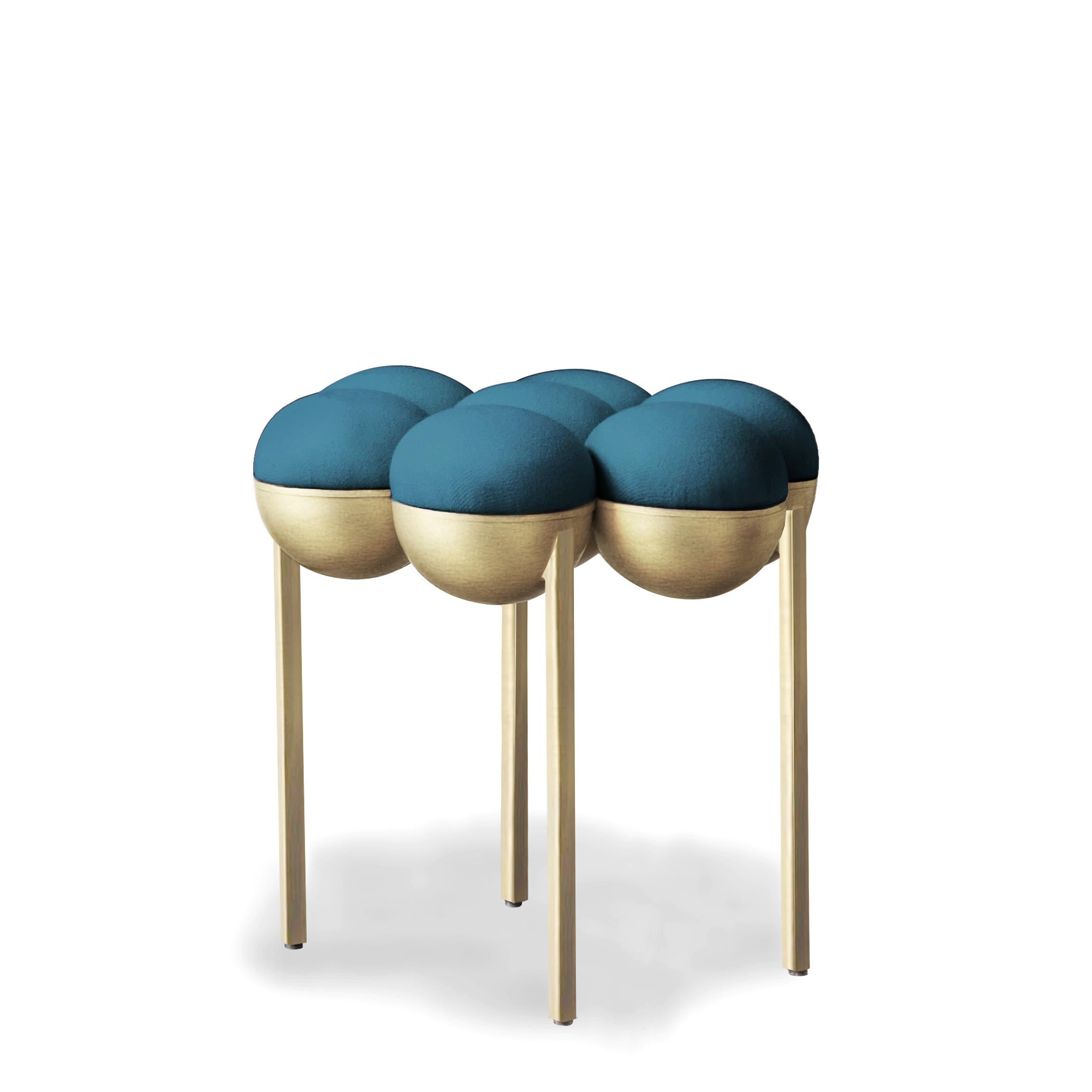 Modern Saturn Pouffe Small, Brushed Brass Frame and Petrol Blue Wool by Lara Bohinc For Sale