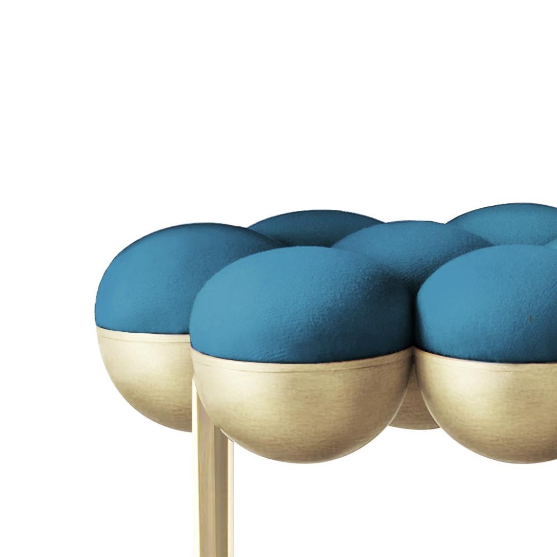 Metalwork Saturn Pouffe Small, Brushed Brass Frame and Petrol Blue Wool by Lara Bohinc For Sale