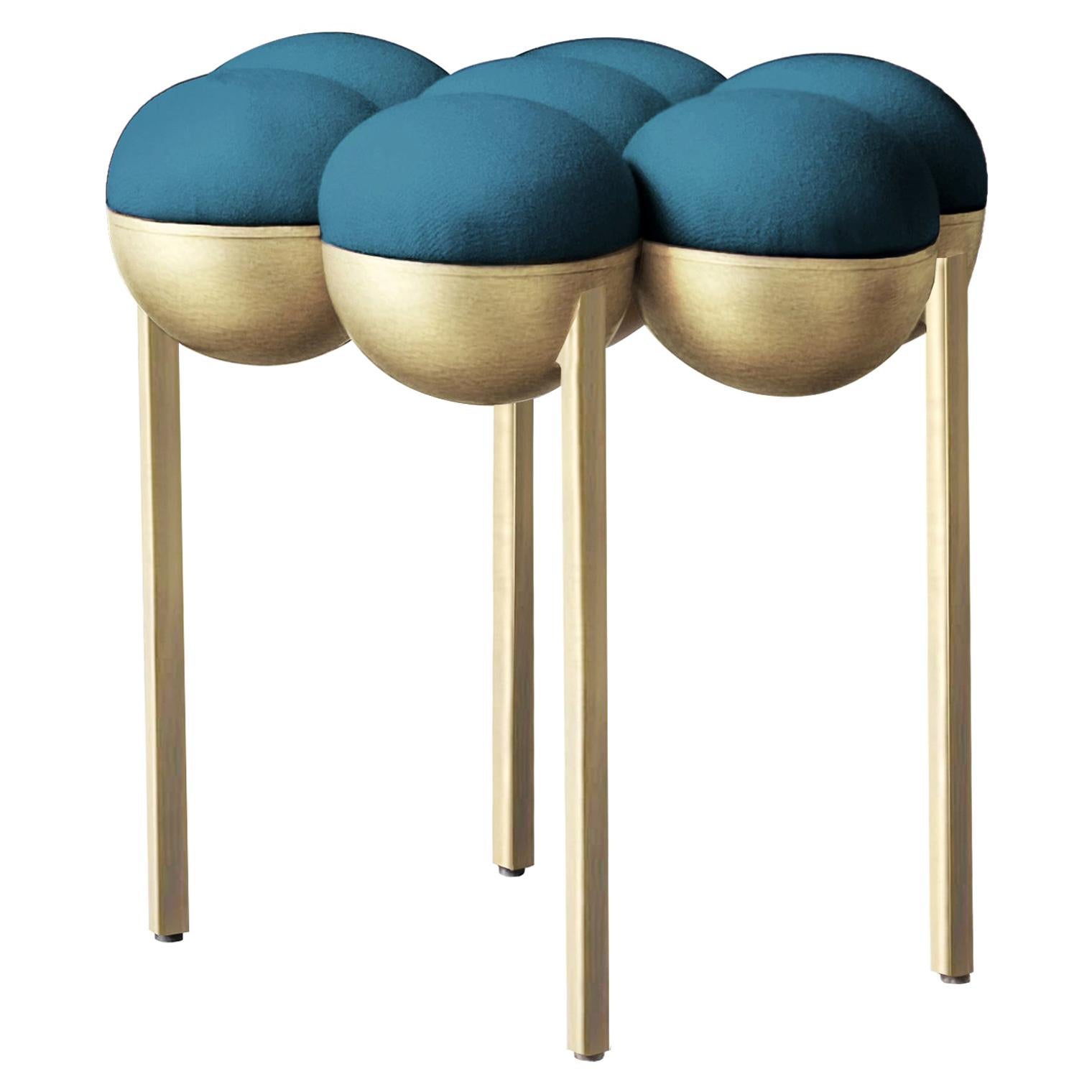 Saturn Pouffe Small, Brushed Brass Frame and Petrol Blue Wool by Lara Bohinc