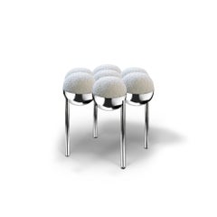 Saturn Pouffe Small, Ottoman, Modern, Sculptural, Chrome Frame and Ivory Boucle