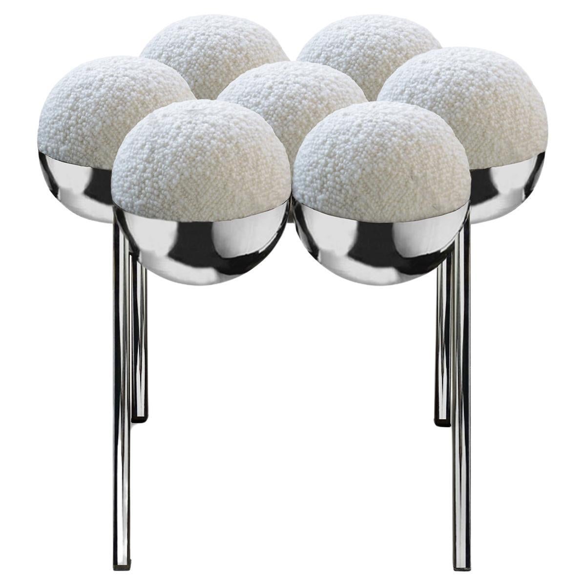 Saturn Pouffe Small, Chrome Steel Frame and Ivory Boucle Fabric by Lara Bohinc