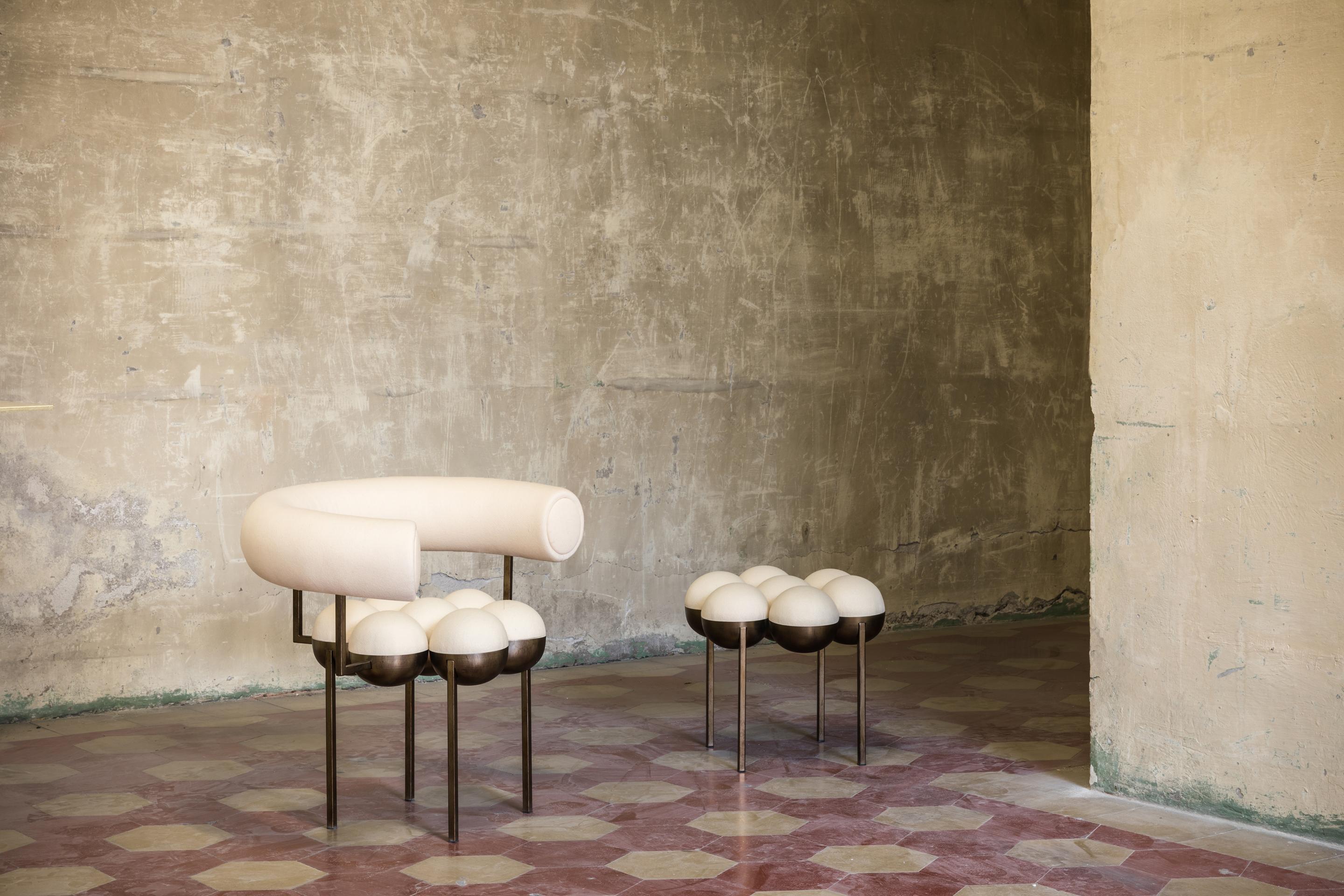 Saturn Pouffe Small, Bronze Oxidised Steel Frame and Cream Wool by Lara Bohinc In New Condition In Holland, AMSTERDAM