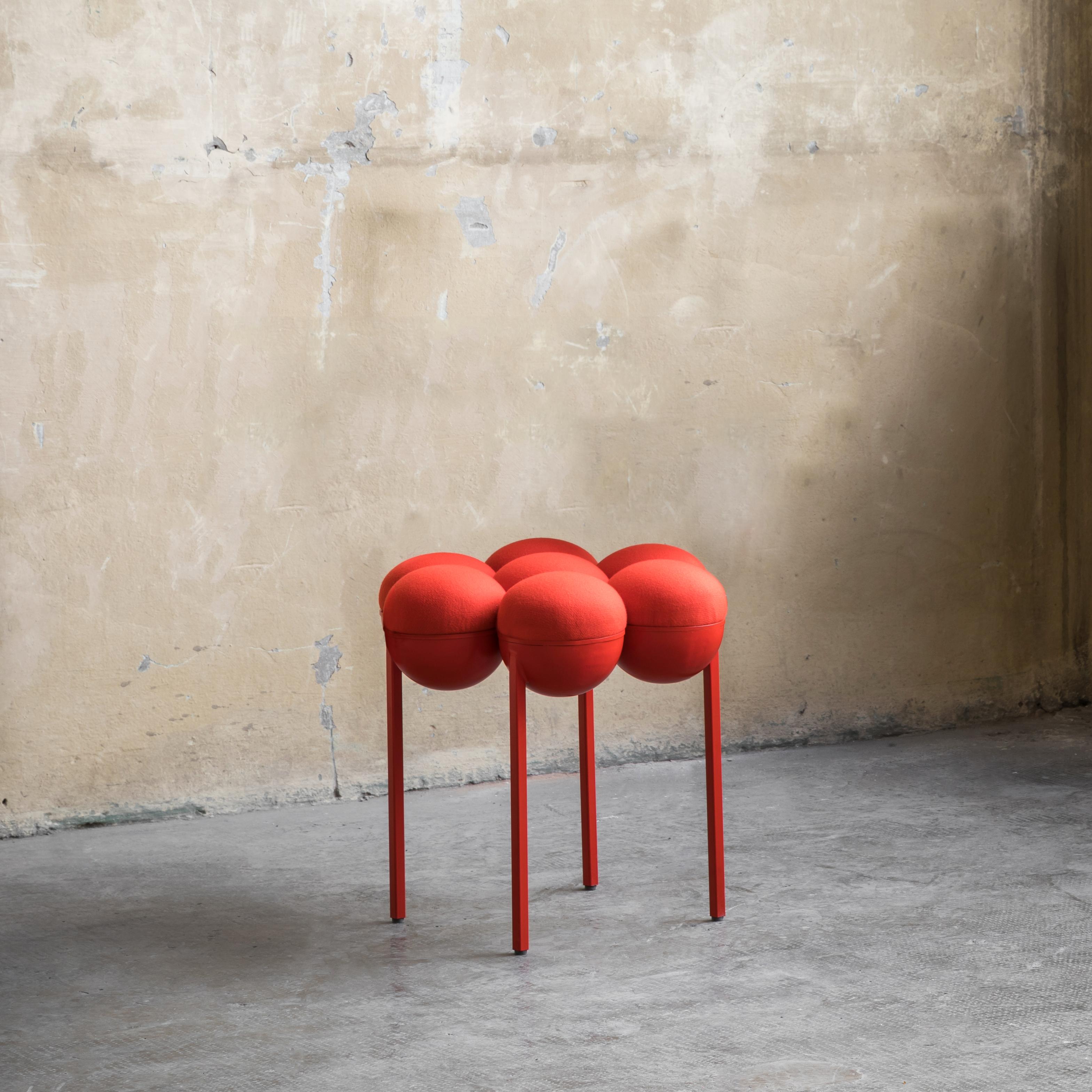 Portuguese Saturn Pouffe Small, Red Coated Steel Frame and Red Wool by Lara Bohinc For Sale