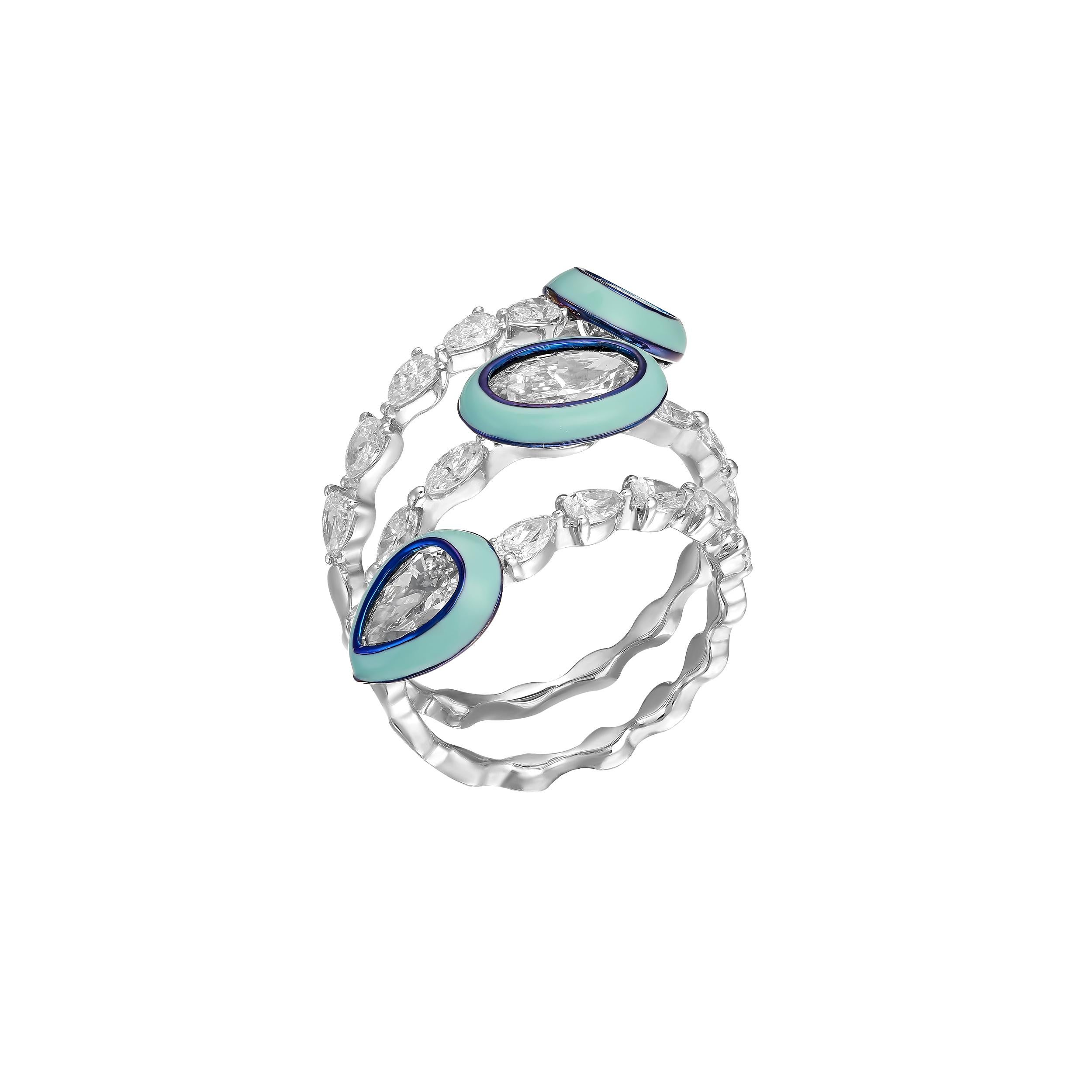 Designed by Kamyen and handmade in India by highly skilled local artisans, you’ll find spiraled pear shapes upon an 18k white gold setting, with a fine contrast of colorful enamel and titanium.

We can help you customize this ring in any of Kamyen’s