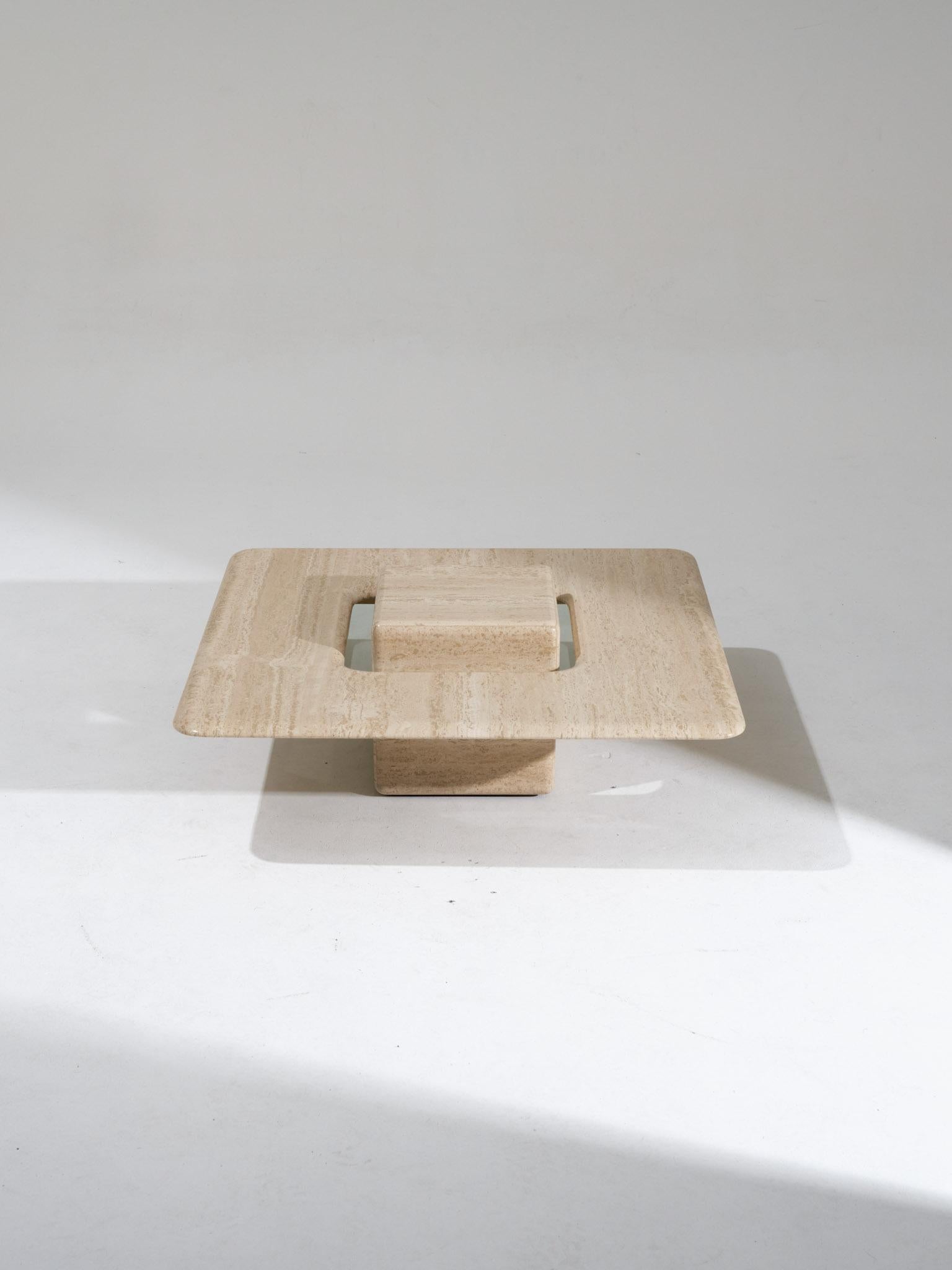 Saturne square coffee table in travertine, 1980s 2