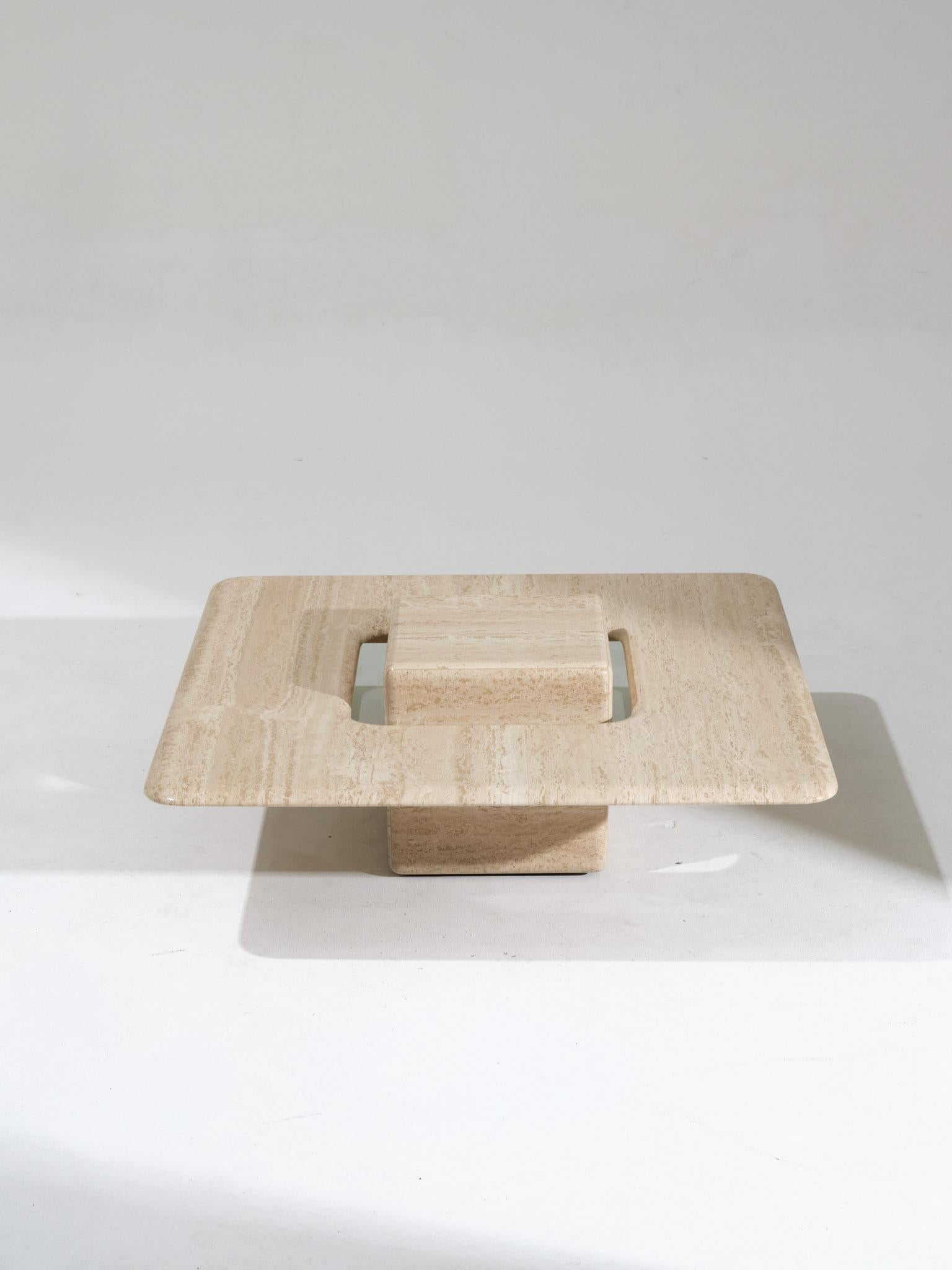 Saturne square coffee table in travertine, 1980s 3