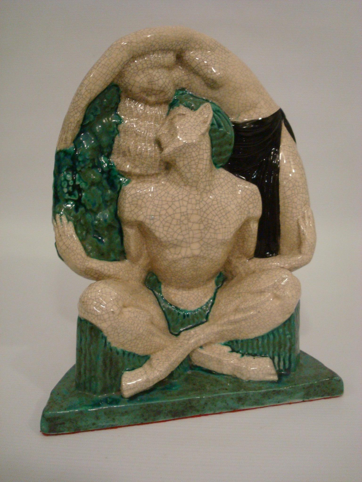 Satyr and Nude Women Glazed Ceramic Sculpture, Figure by Le Faguays & E. Cazaux For Sale 5