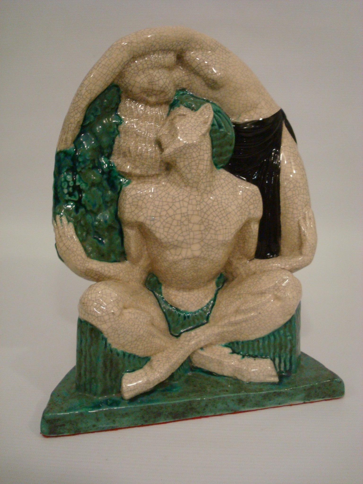Escultura de cerámica esmaltada Sátiro y mujer desnuda, Figura de Le Faguays & E. Cazaux en venta 3