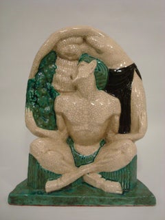 Satiro e donna nuda Scultura in ceramica smaltata, Figura di Le Faguays & E. Cazaux