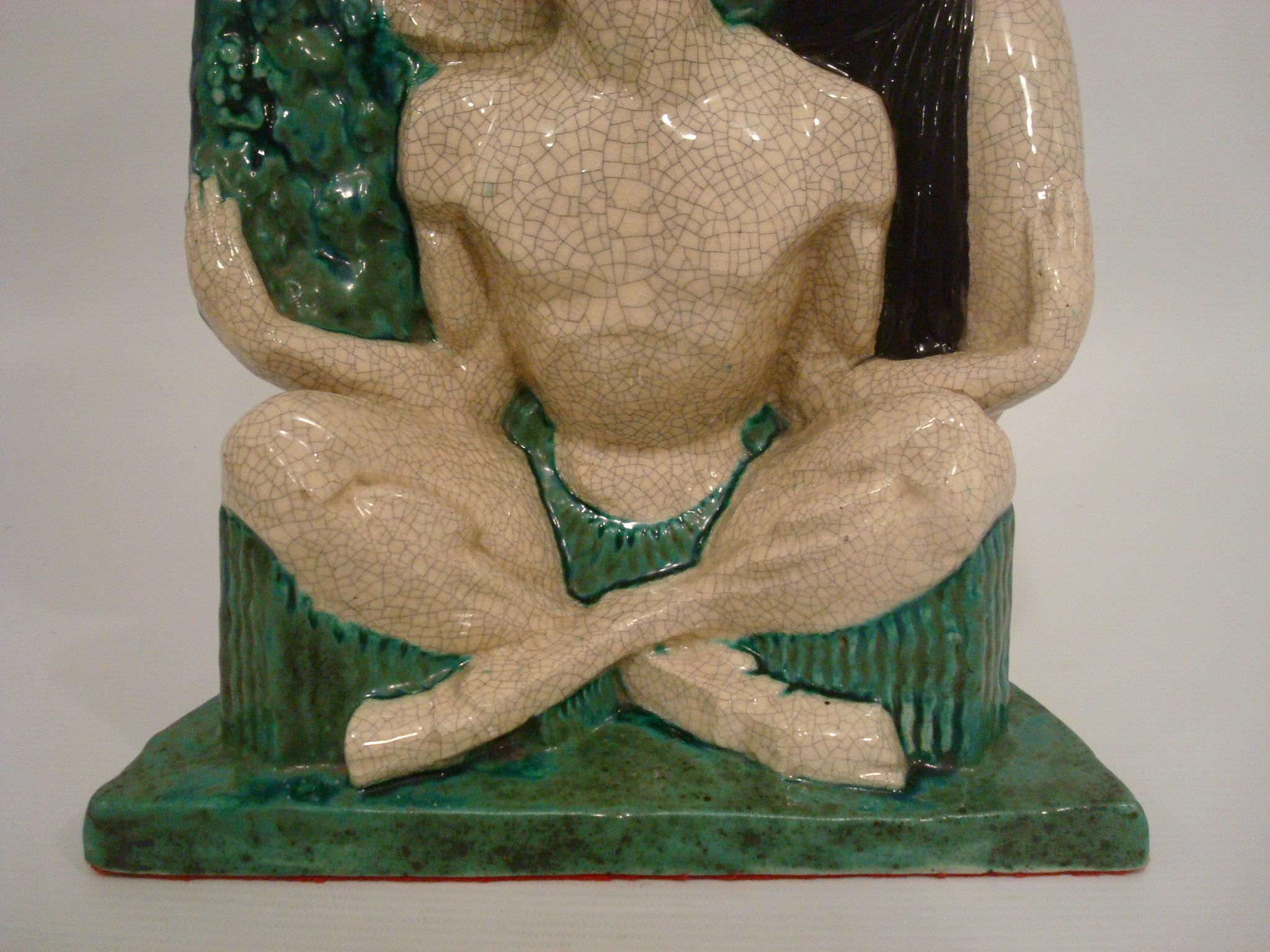 Art Deco Satyr and Nude Women Glazed Ceramic Sculpture, Figure by Le Faguays & E. Cazaux For Sale
