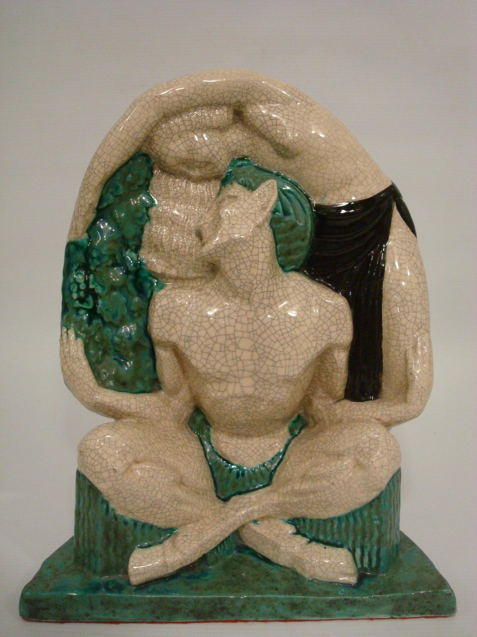 French Satyr and Nude Women Glazed Ceramic Sculpture, Figure by Le Faguays & E. Cazaux For Sale