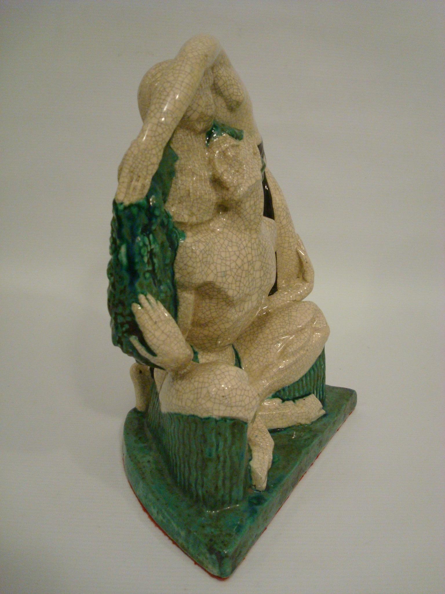 Vernissé Sculpture de satyre et de femmes nues en cramique maille, figure de Le Faguays & E. Cazaux en vente