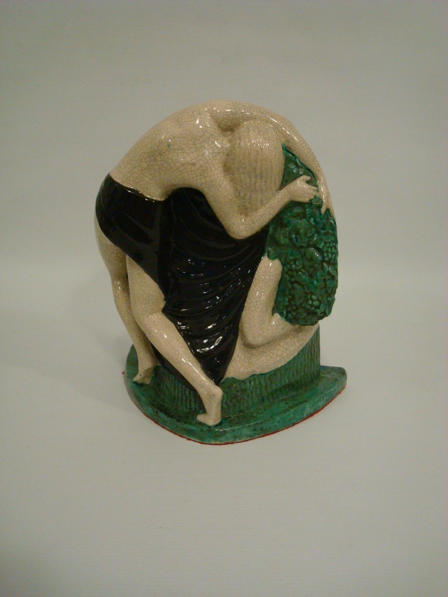 Early 20th Century Satyr and Nude Women Glazed Ceramic Sculpture, Figure by Le Faguays & E. Cazaux For Sale