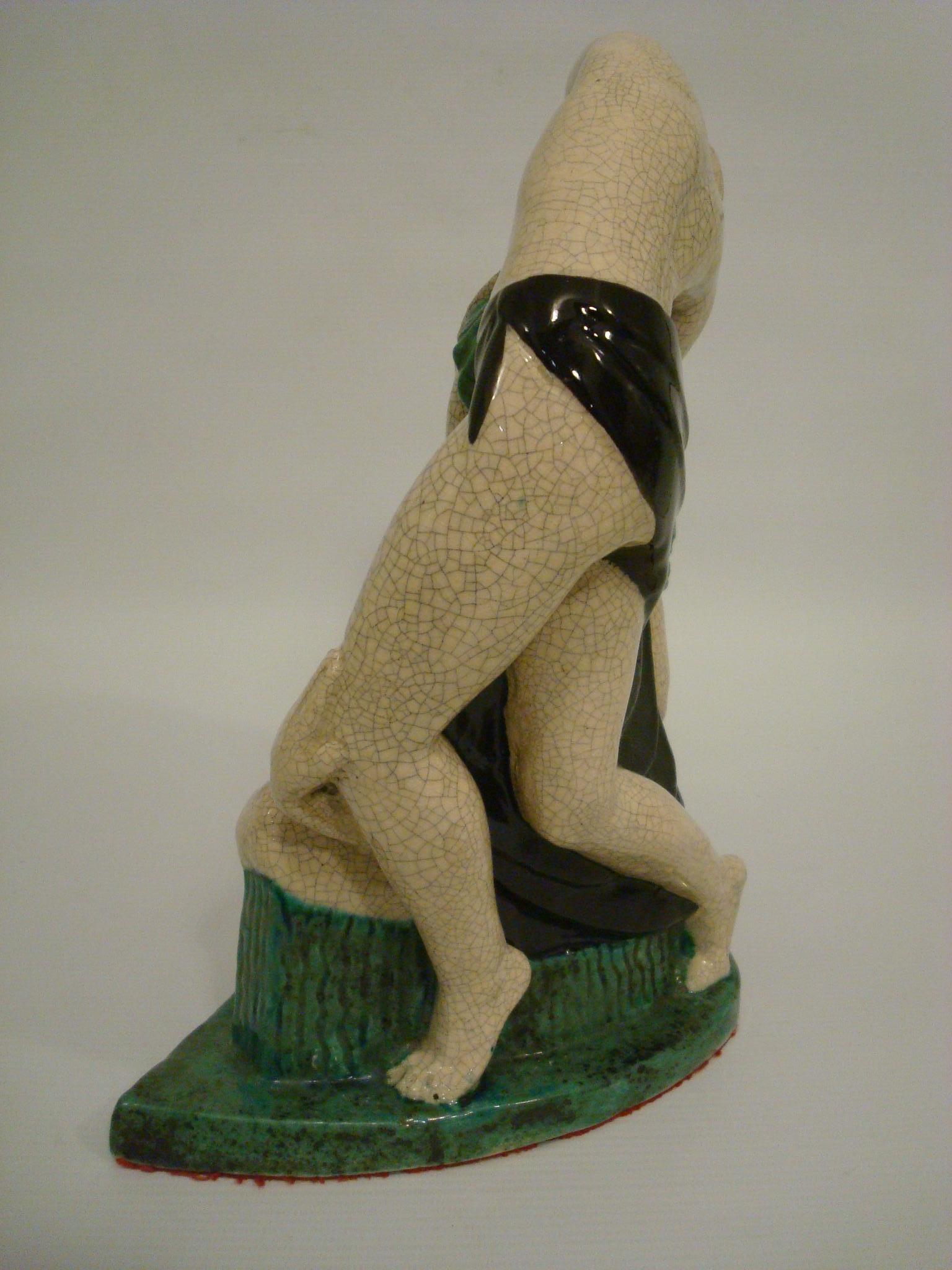 Début du 20ème siècle Sculpture de satyre et de femmes nues en cramique maille, figure de Le Faguays & E. Cazaux en vente