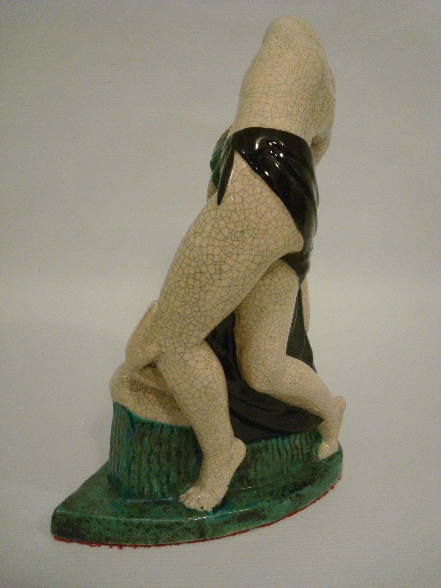 Escultura de cerámica esmaltada Sátiro y mujer desnuda, Figura de Le Faguays & E. Cazaux principios del siglo XX en venta