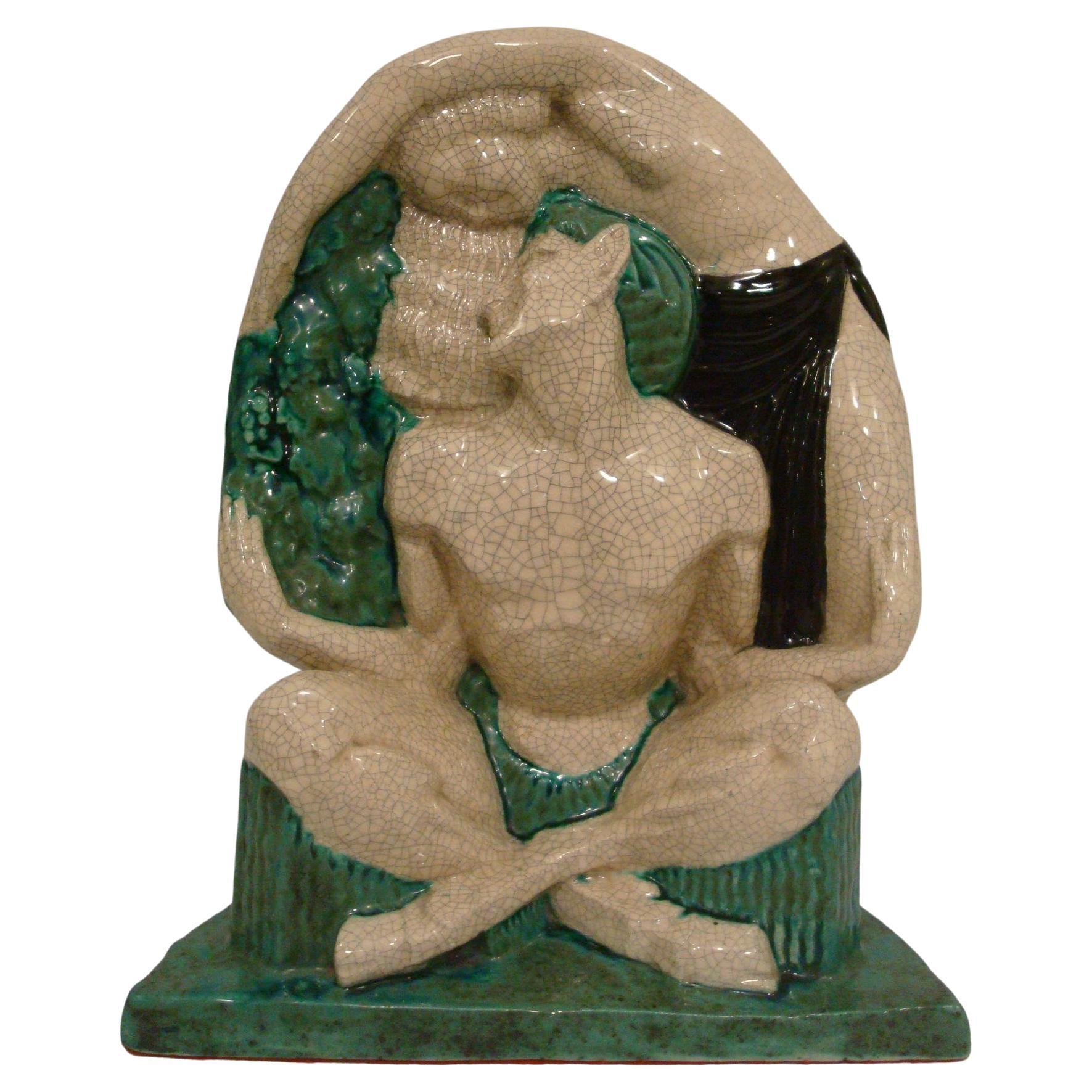 Satyr and Nude Women Glazed Ceramic Sculpture, Figure by Le Faguays & E. Cazaux For Sale