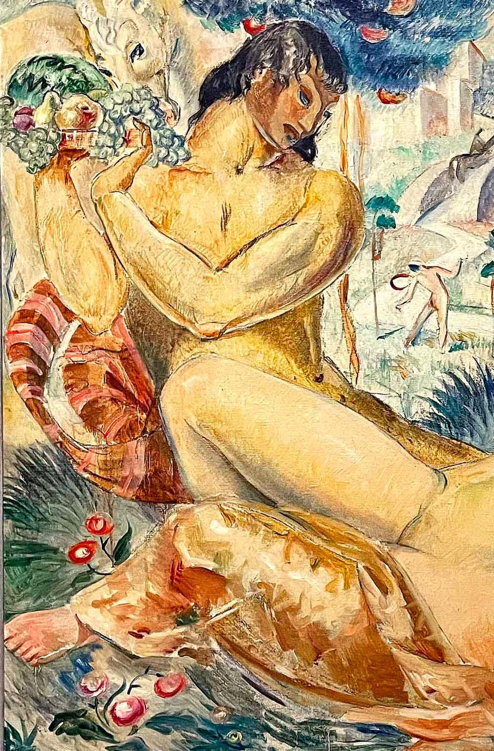 One of the most sensual and brilliant Art Deco paintings in the French manner that we have ever offered, this idyllic scene of Satyr and Nymph, lounging under a fruited tree with lush fields in the distance, was painted by Gheorghe Labin in 1932. 