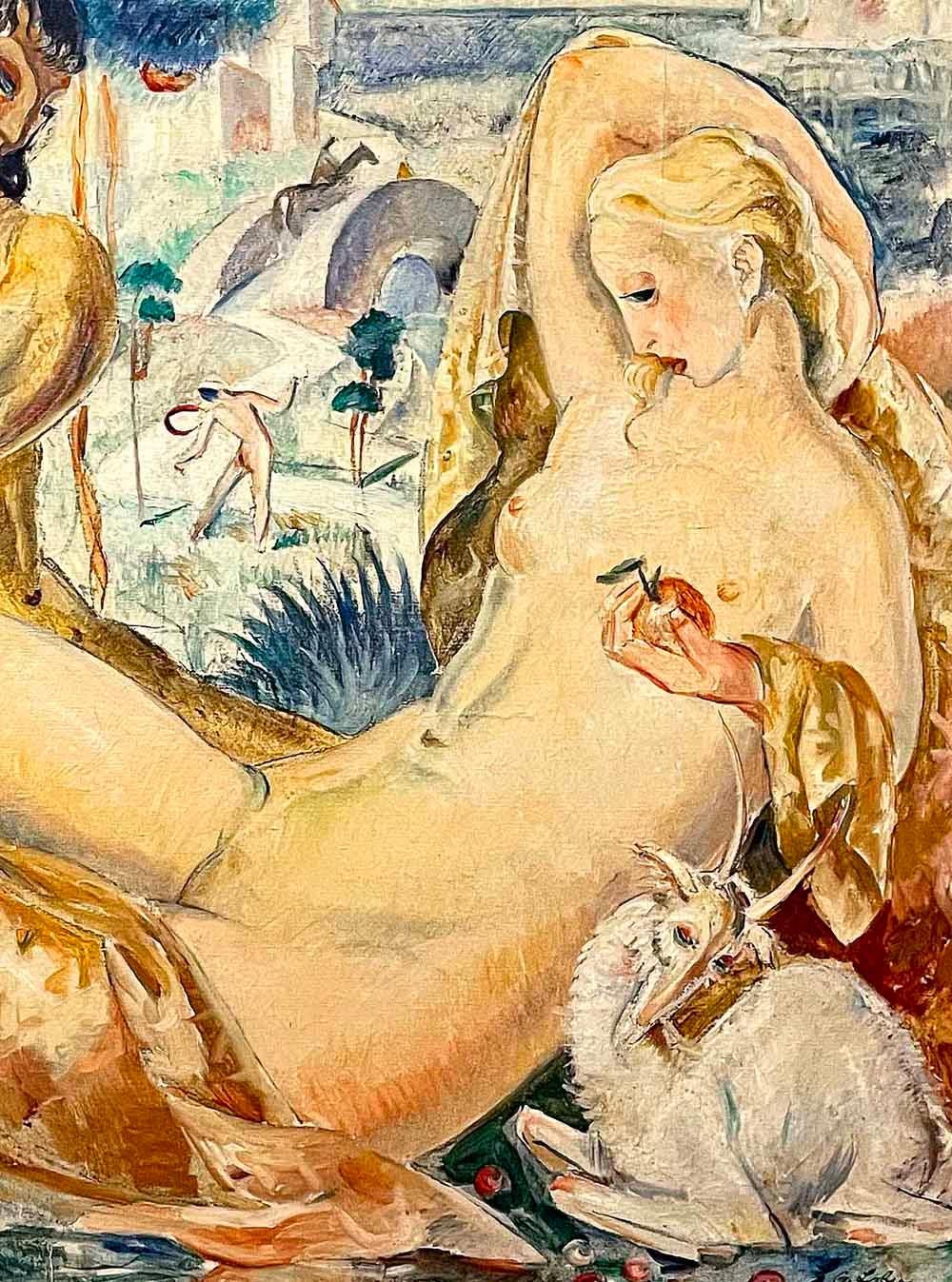 „Satyr und Nymph“, Art-déco-Meisterwerk, Gemälde mit Aktdarstellungen im Paradies, 1932 (Art déco) im Angebot