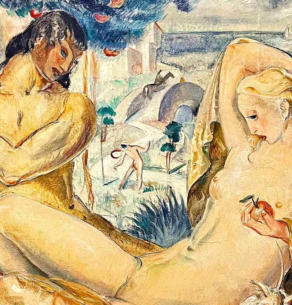 Peint « Satyre et nymphes », peinture de chef-d'œuvre Art déco représentant des nus au paradis, 1932 en vente