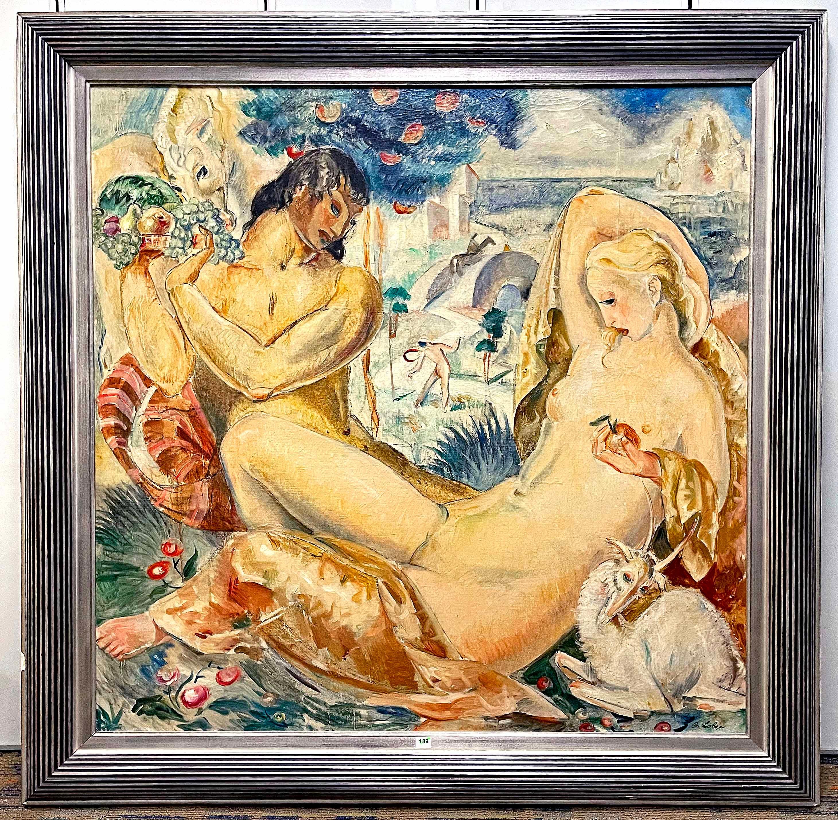 « Satyre et nymphes », peinture de chef-d'œuvre Art déco représentant des nus au paradis, 1932 en vente 1