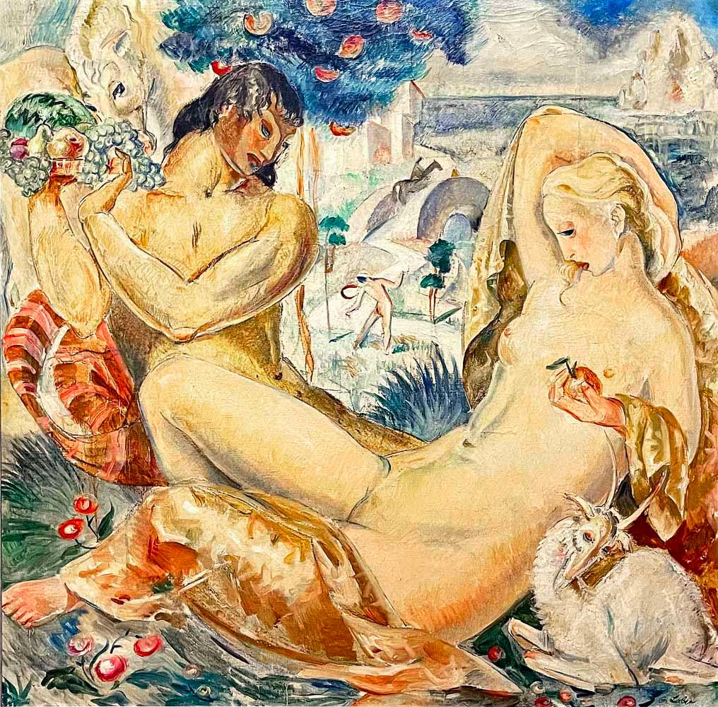 "Satyr and Nymph", Art Deco Masterpiece Painting with Nudes in Paradise, 1932 For Sale