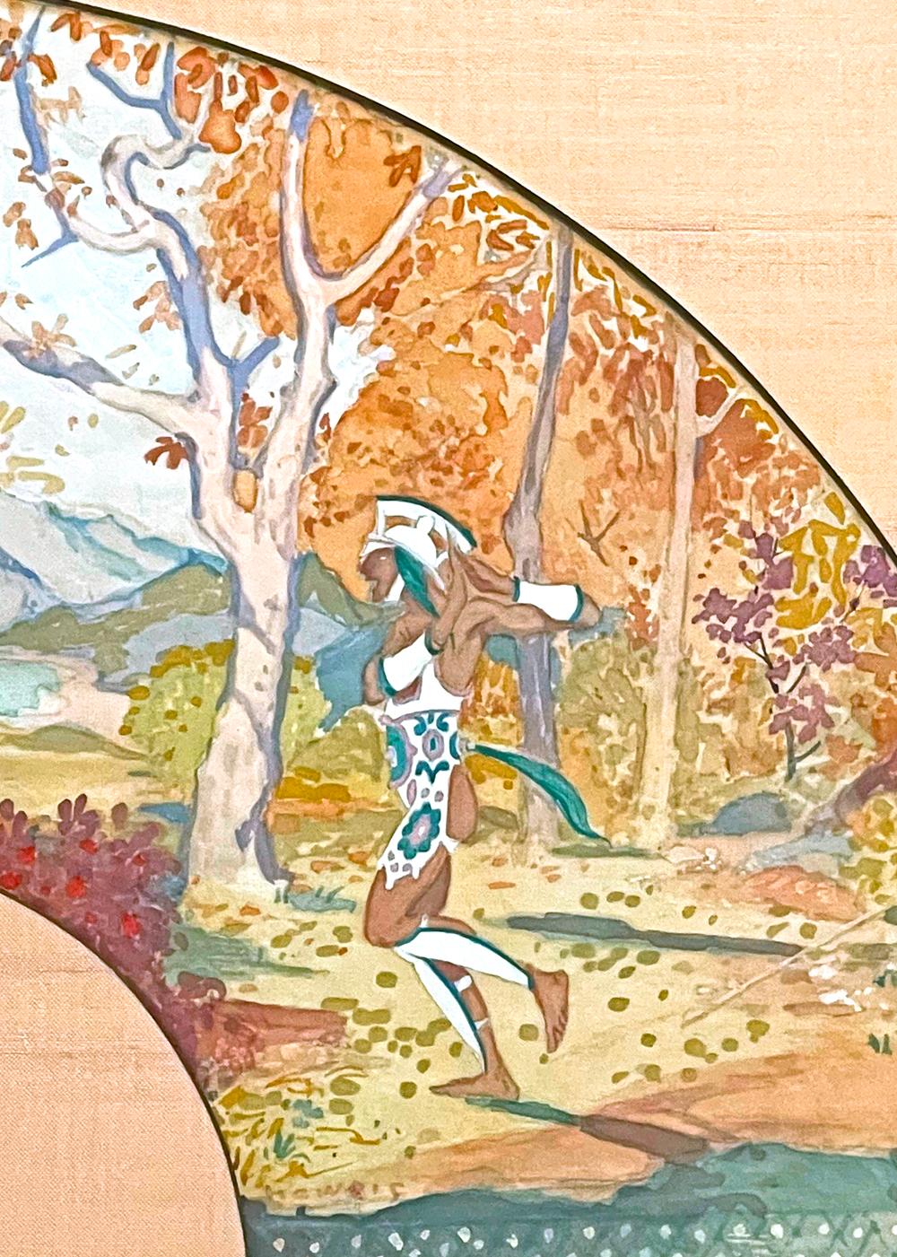 Magnifiquement peinte en couleurs fraîches et agréables sur soie, cette représentation d'une nymphe et d'un satyre, vêtus de costumes vaporeux comme dans une scène d'une production des Ballets Russes, a été peinte par Stephens dans les années 1920