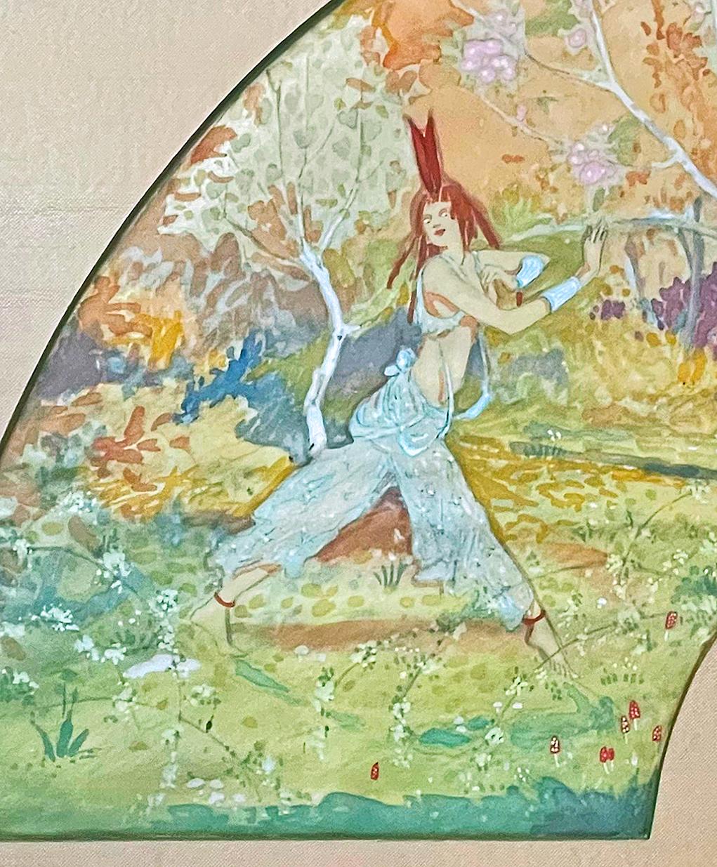 Américain « Satyre et Nymphe, magnifique scène de ballet Art déco, peinture sur soie en vente