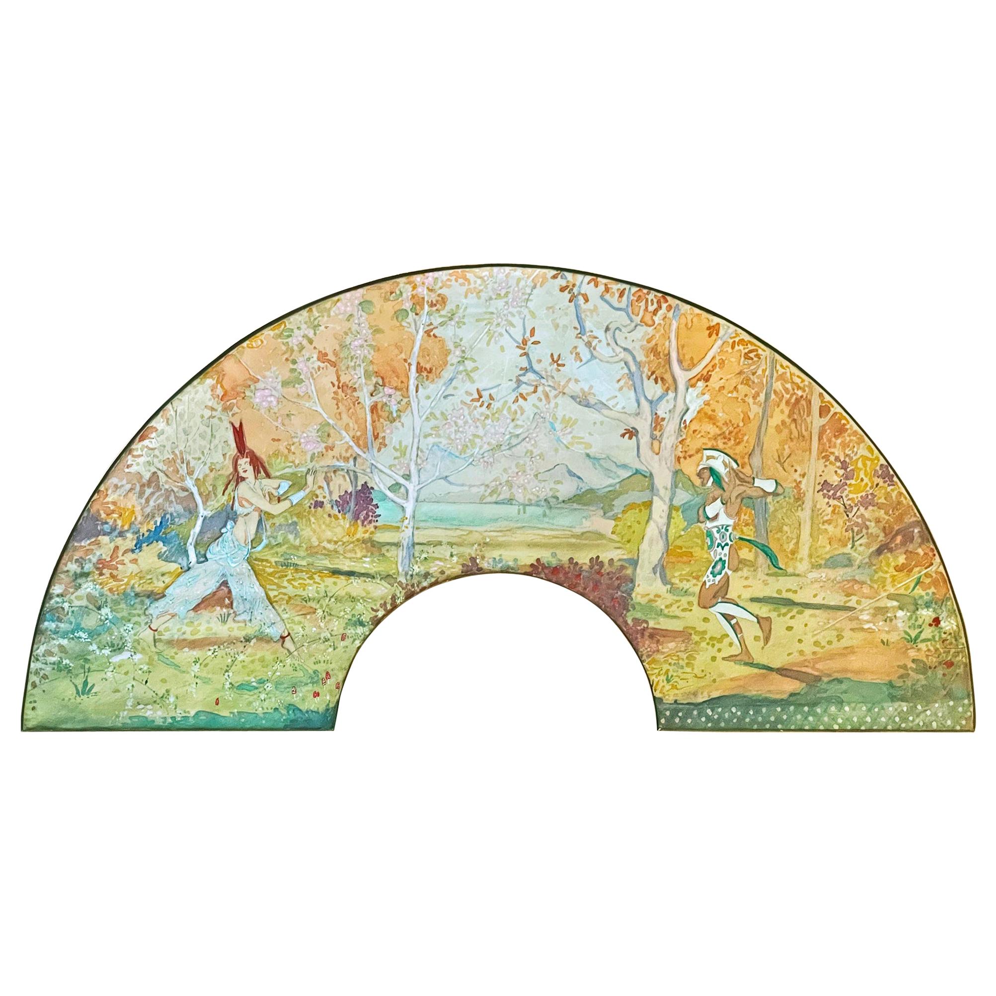 "Sátiro y ninfa", preciosa escena de ballet Art Déco, pintura sobre seda en venta