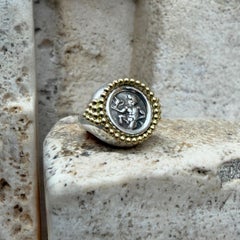 SATYR Authentic Greek Coin 4th Cen BC Silver revolving Ring 18KT gold pellets