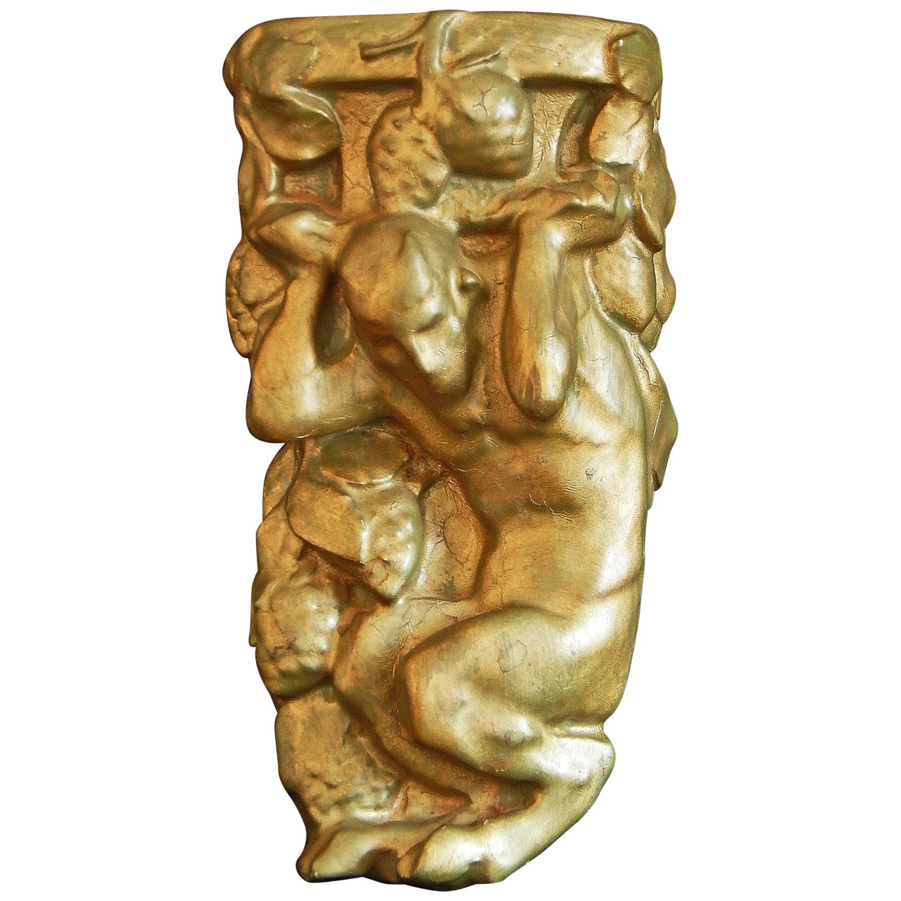 "Satyr Carrying Grapes, " Gold Glazed Wall Sculpture by Rookwood, 1915 For Sale
