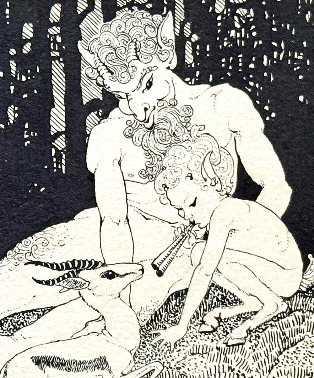 Beautifully and evocatively executed, this 1922 pen and ink drawing of a satyr figure watching over a child Pan playing his pipes and drawing a deer to the scene, was created by one of America's greatest illustrators in the years between World Wars