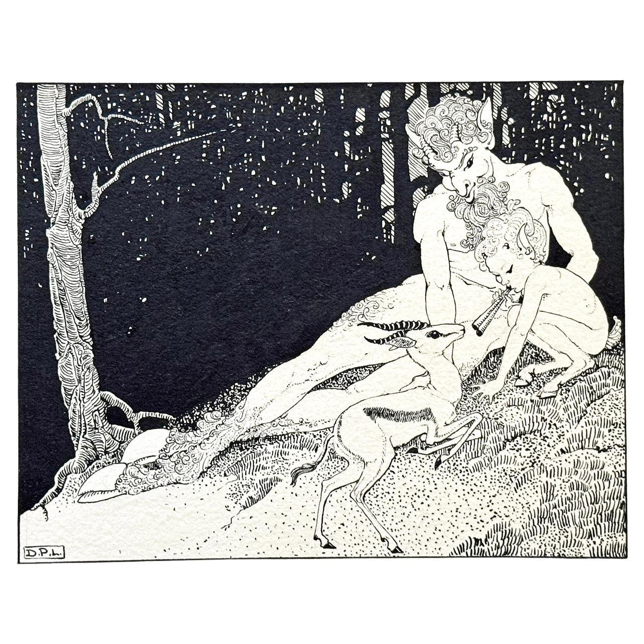 "Satyr, Pan and Deer", Fabulous Art Deco Ink Drawing by Dorothy Lathrop, 1922 For Sale