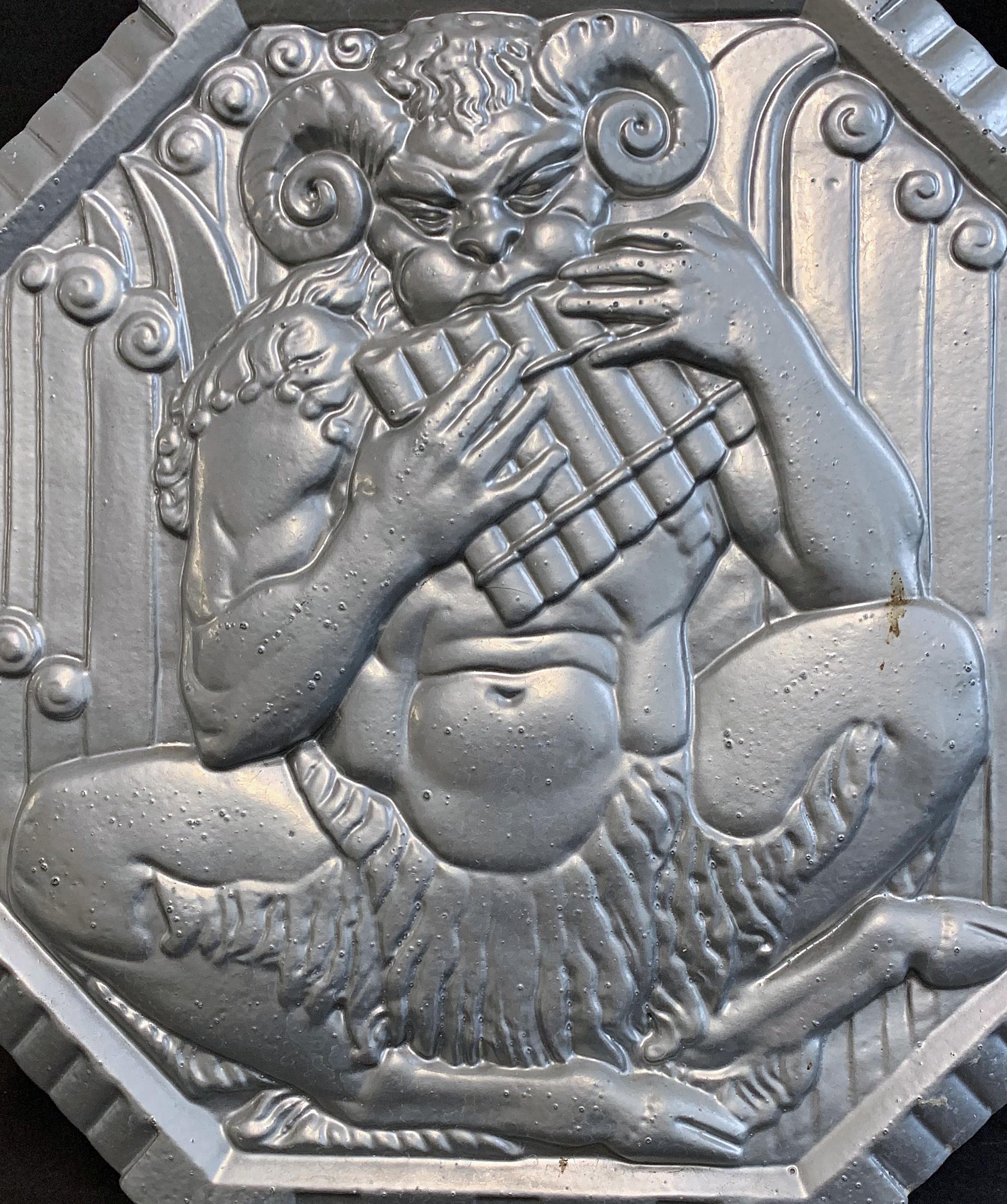 This rare and striking Art Deco bas relief panel, sculpted by Rene Chambellan, was commissioned and cast by the Aluminum Company of America, which we now know as Alcoa, to promote aluminum as an artistic and architectural medium. Chambellan was one