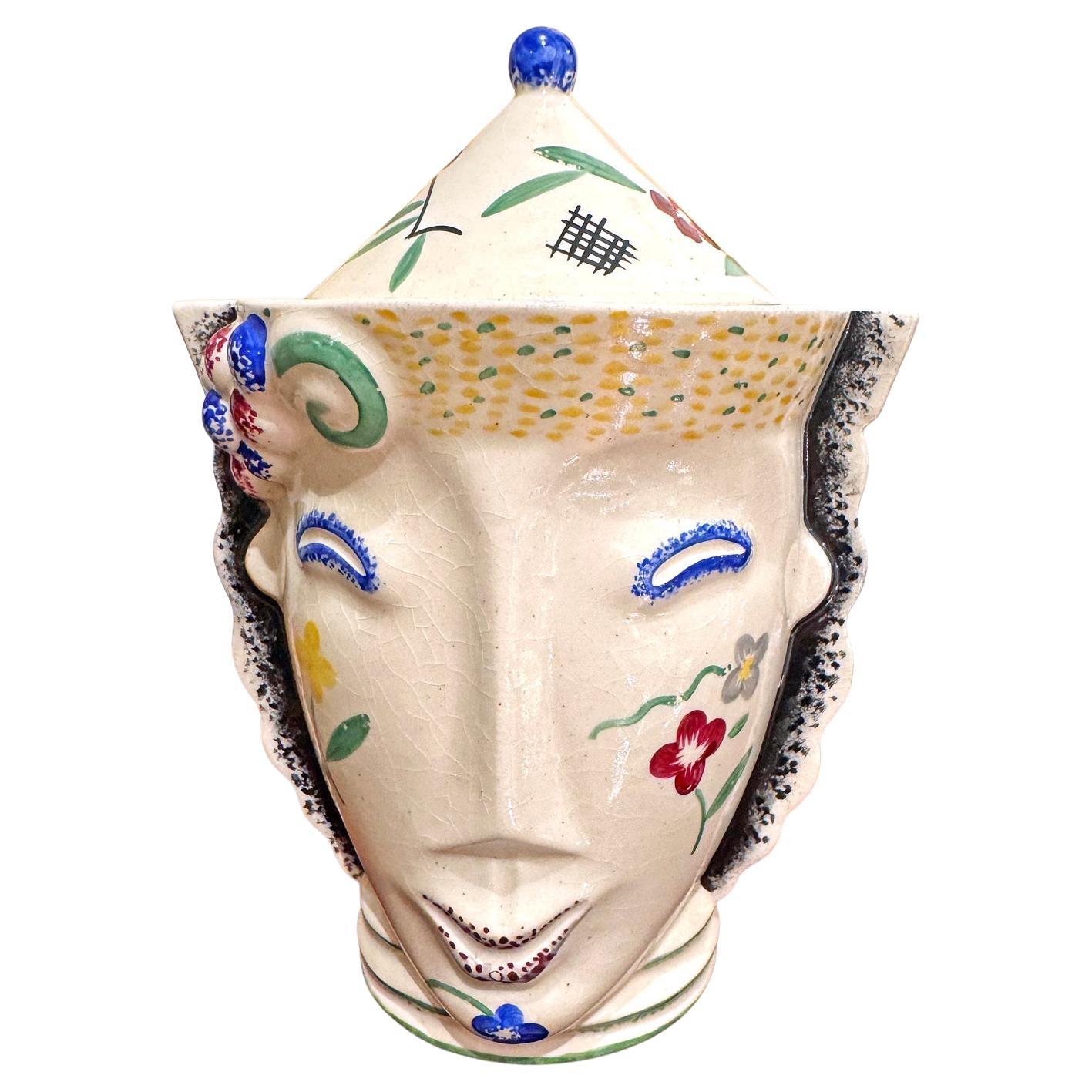"Satyr Urn with Lid", Rare Art Deco Sculpture w/ Polychromatic Glazes by Sougez