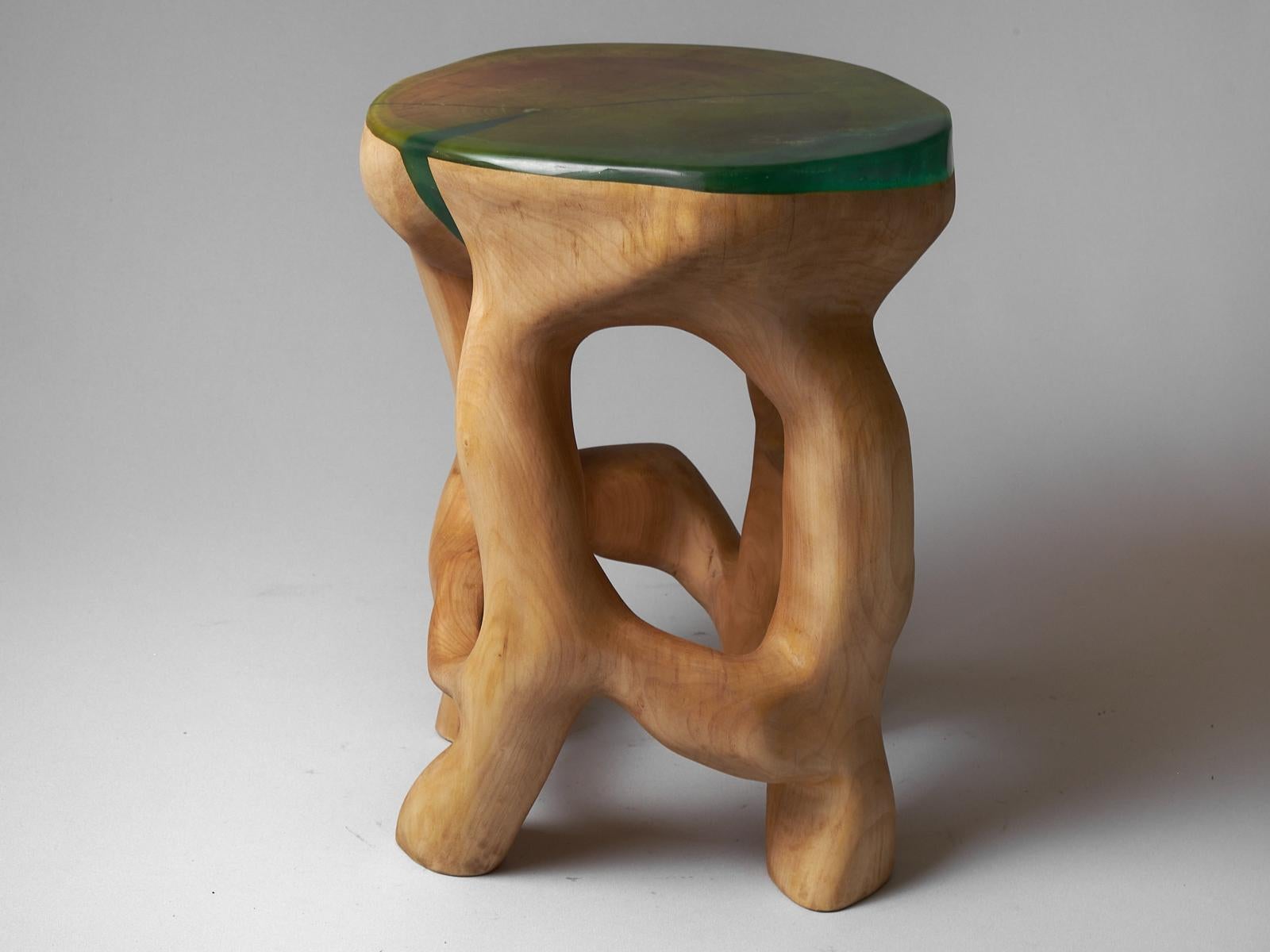 Unique chainsaw carved wooden functional sculpture usable as a multifunctional piece such as, tabouret, side table, night stand or even pedestal for your art. Carved from a single piece of wood and protected with the highest quality oils, ensuring
