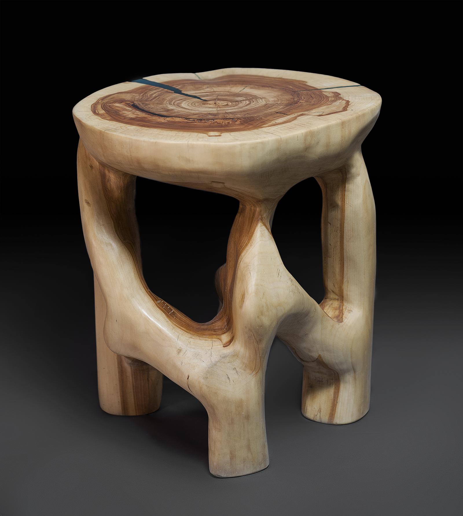 Unique chainsaw carved wooden functional sculpture usable as a multifunctional piece such as, tabouret, side table, night stand or even pedestal for your art. Carved from a single piece of wood and protected with the highest quality oils, ensuring