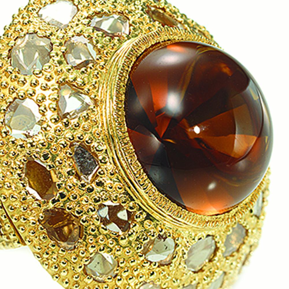 Eternity Oversized Saucer Ring Set in 20 karat Yellow Gold with Large Cognac Quartz Cabosham Center and 3.24 Carat Rose-Cut Diamonds. 