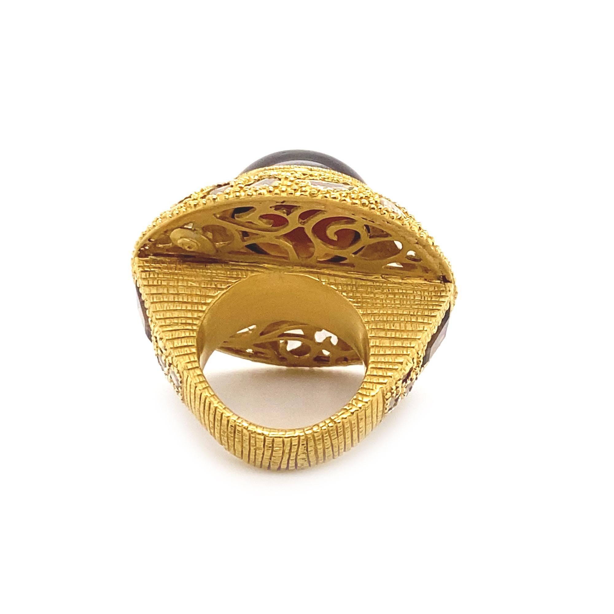 Women's Saucer Ring with Large Cognac Quartz Centerstone and 3.24-carat Diamonds For Sale