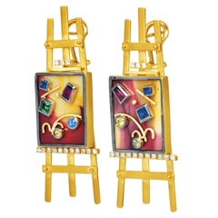 Sauer Designer 18K Yellow Gold Multigemstone Easel Painting Earrings