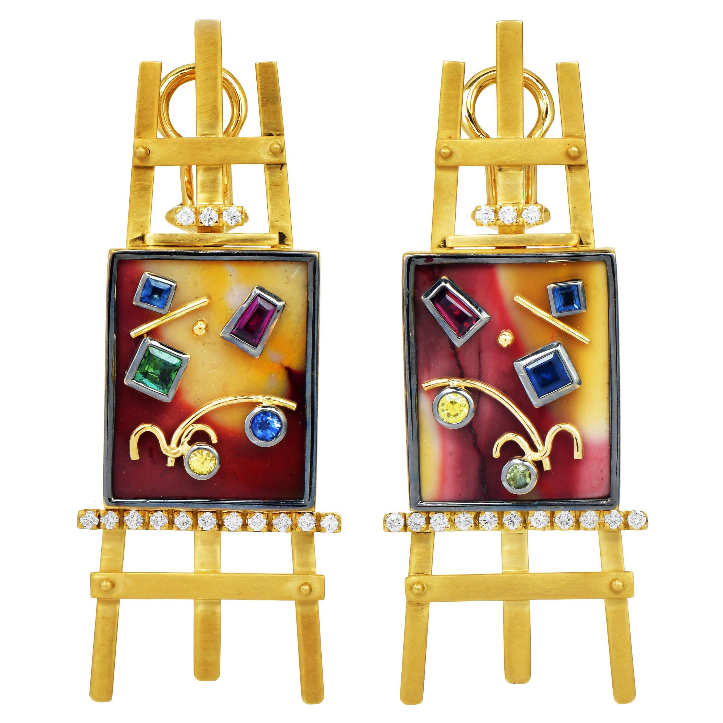 Pendientes de pintura de caballete de oro amarillo de 18 quilates de diseño Sauer